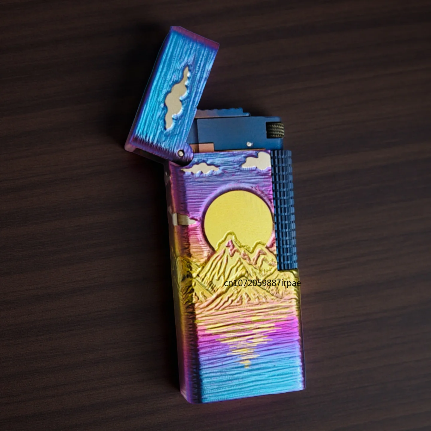 

High-end Titanium Alloy Oil Lighter, Mechanical Side Sliding Ignition, Flip Cover Finely Carved Gold Mountain Colored Titanium.