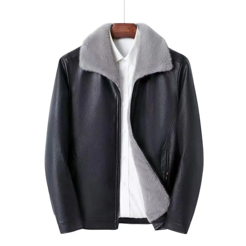 Men's Jacket, Leather and Fur Integrated Coat, Thickened and Warm, Casual Business Outwear, Long Sleeve Top, Autumn and Winter Style