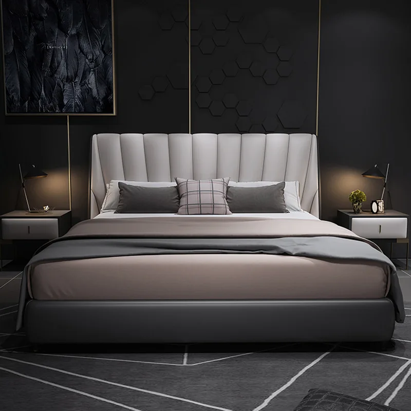 Italian light luxury, leather bed, master bedroom leather double bed, high box full leather