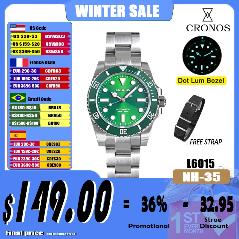 Cronos Sub Diver Men's Watches No Date NH35 Sapphire Cyclops Ceramic Bezel 20 ATM Glideclasp Latest Version L6015M