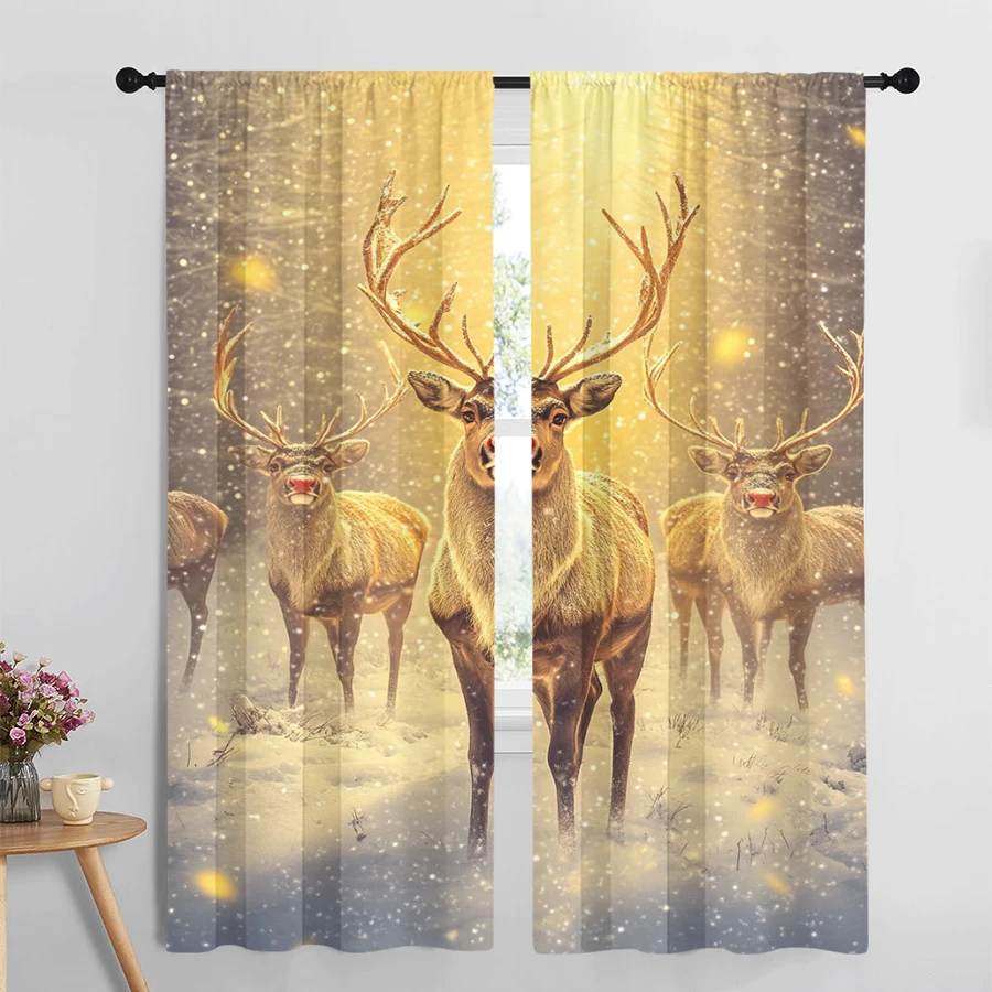 2PCS Christmas Winter Curtains, Golden Reindeer, Digital Print, Bedroom Living Room Kitchen, Rod Pocket Polyester, Home Decor