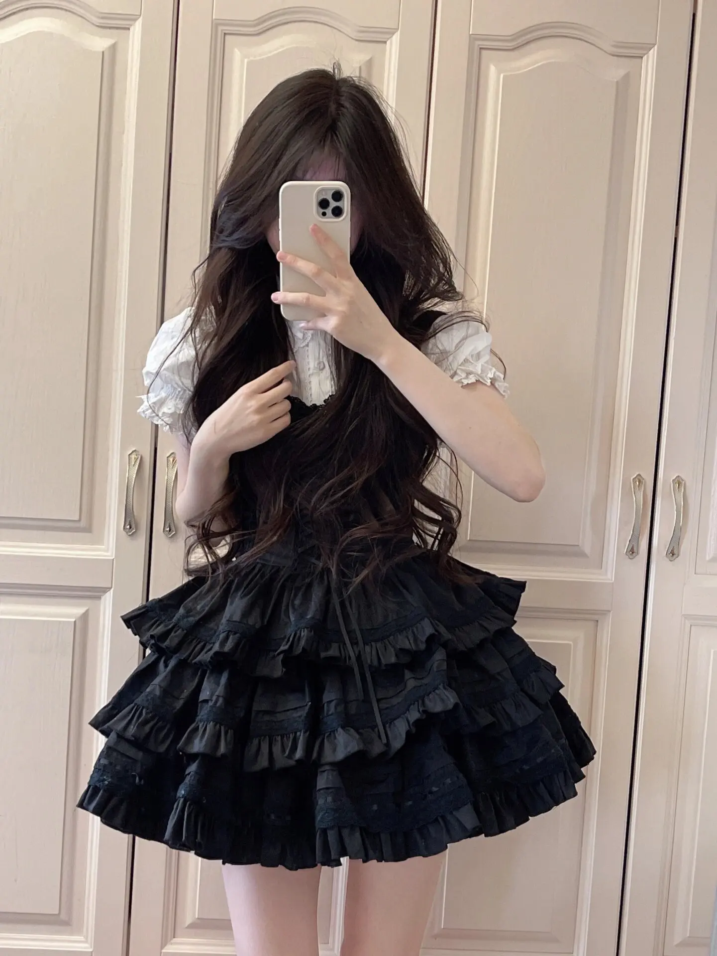 

Sweet Lace Puff Sleeve Shirt Waist-Tight Show Thin Black Tutu Skirt Lolita Suit Birthday Dress