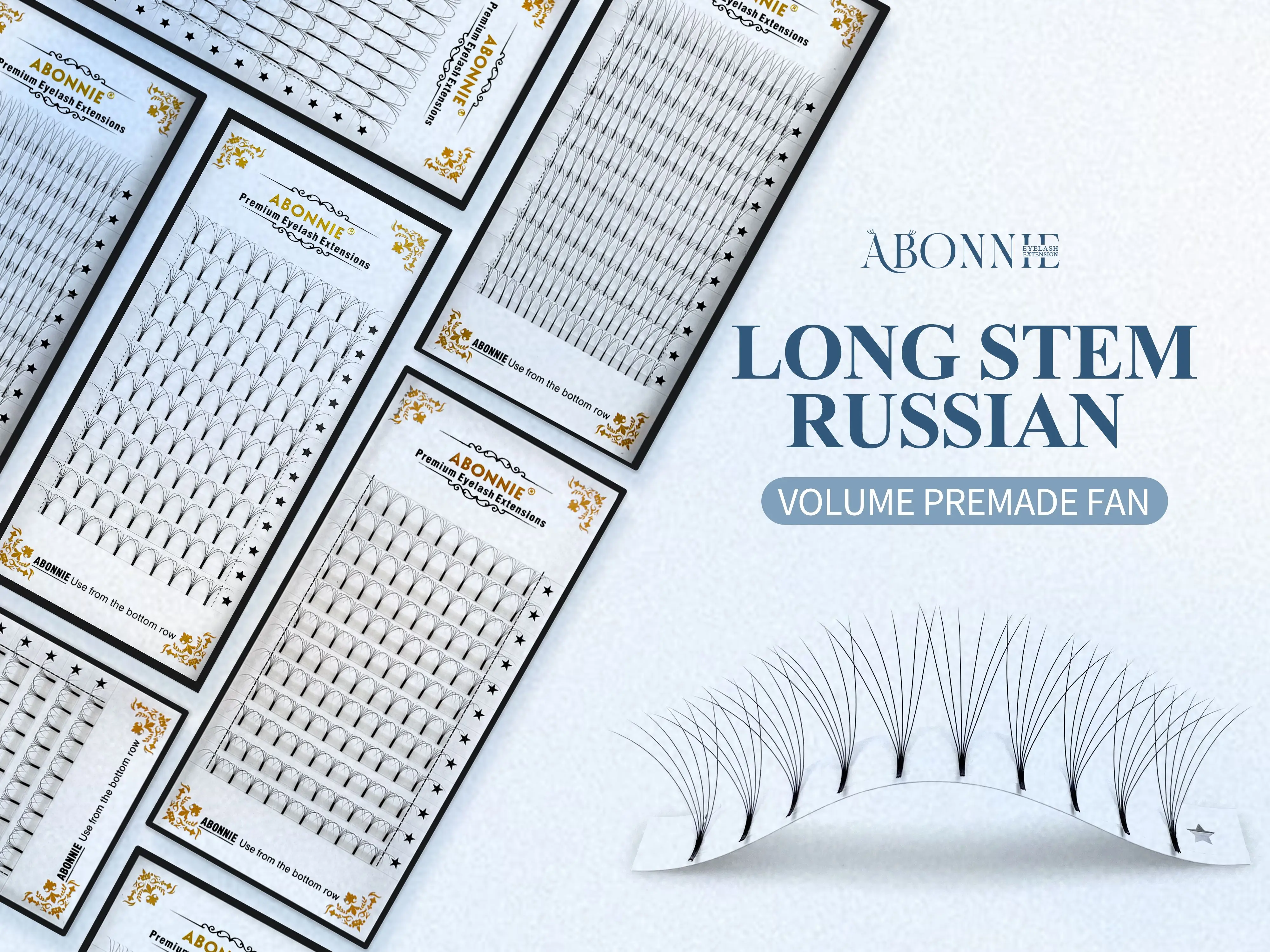 Abonnie Vorgefertigte Fächer mit langem Stiel, russische Volumen-Wimpernverlängerung, vorgefertigte Volumenfächer, Kunstnerz-Premium-Wimpernzubehör, 3D-6D – Detail 1