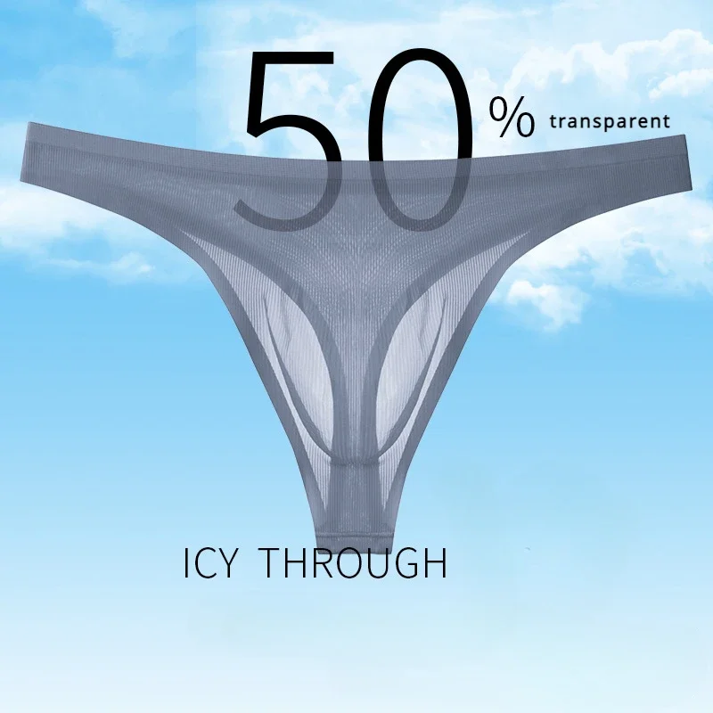 T-back Thongs Men Ice Silk Underwear Sexy Translucent Underpants Seamless Briefs Bulge Pouch Panties Man See Through Lingerie