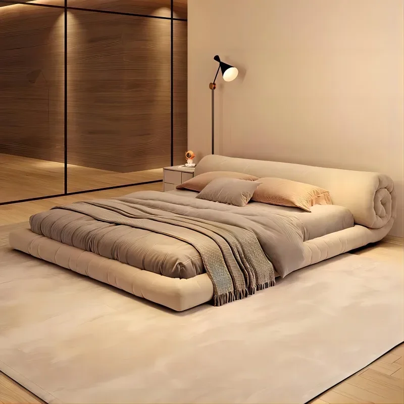Italian minimalist roll bag technology fabric bed cream wind master bedroom double bed