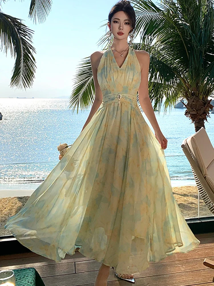 2025 Floral Chiffon Chic Diamonds Bow Neck-mounted Dress Women Elegant Beach Style Maxi Dress Summer Korean Bodycon Party Dress