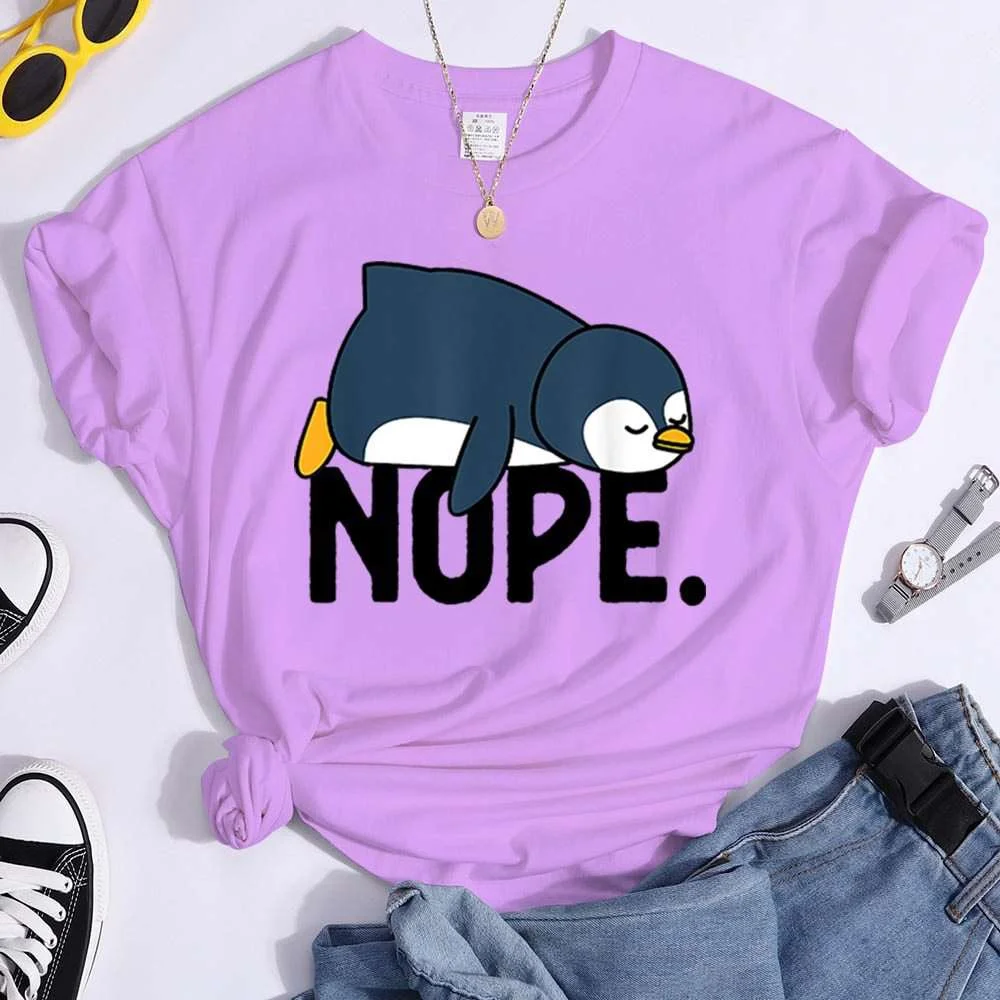 Funny Penguin Nope Print T-shirts For Women Summer Round Neck Tee Shirt Femme Fashion Casual T-shirts