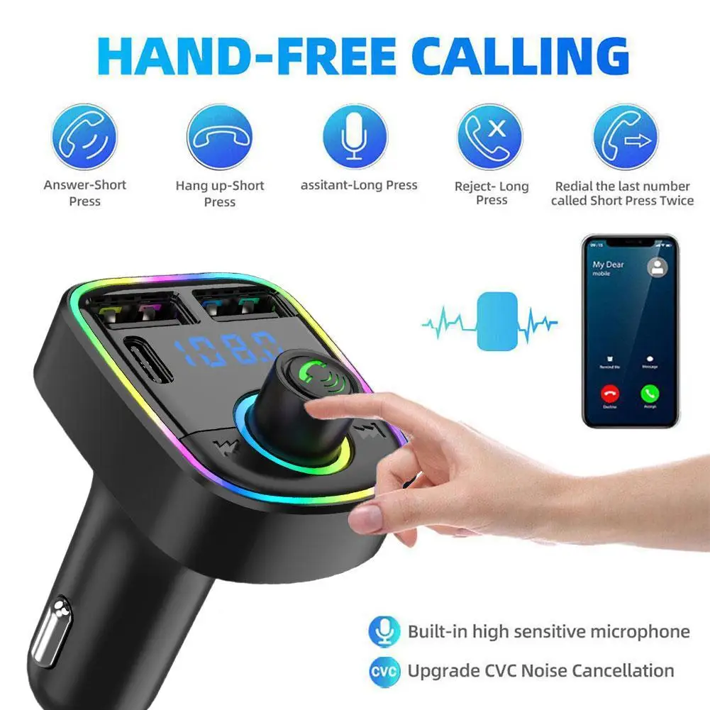 

Car Bluetooth 5.0 FM Transmitter PD Type-C Dual USB 3.1A Fast Charger Colorful Ambient Light Handsfree MP3 Modulator Player