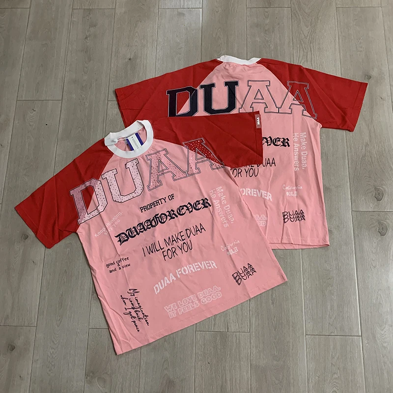 DUAA Men Women Casual Oversized Tee Contrast Raglan Sleeve Multi Font Letter Graphic Rhinestone Detail