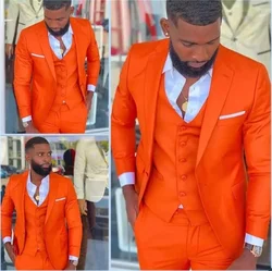 Orange Prom Suit For Men High Quality Jacket Casual 3 Piece Clothing Fashion Blazer One Button Slim Fit Linen Wedding Tuxedos