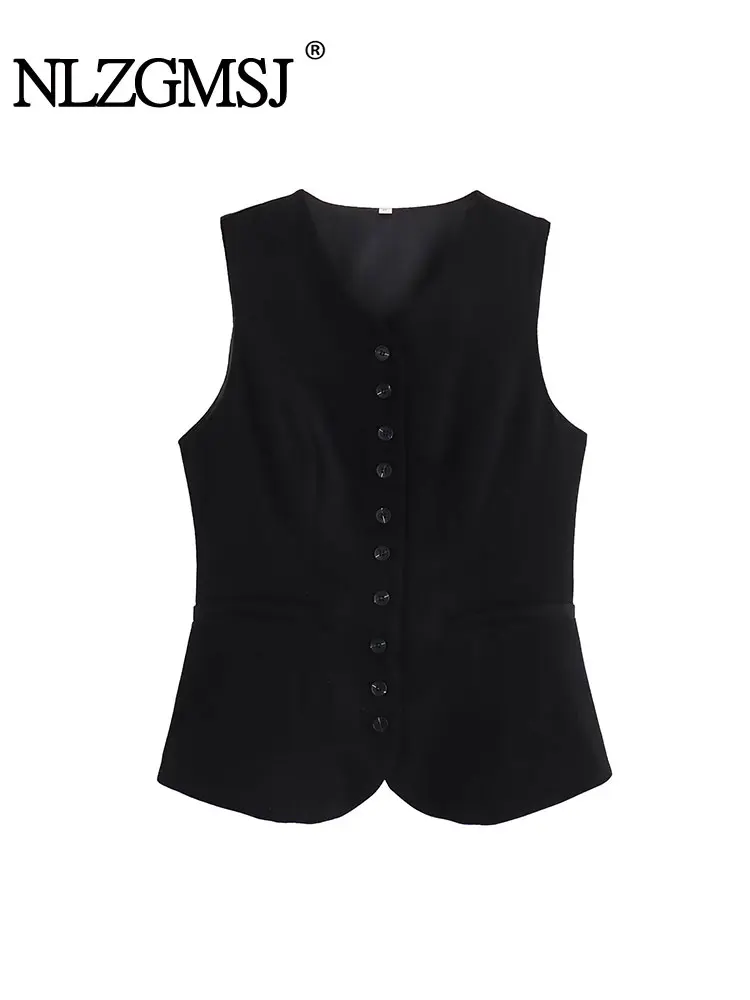 TRAF 2024 Autumn New Launch Women\'s Black Suit Vest Crop Top Unisex style Single Breasted Slim Waistcoat Coat