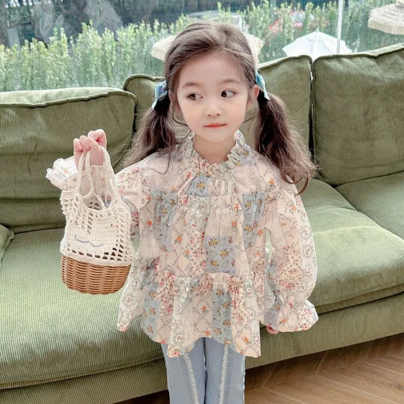 

Girls' floral green shirt 2025 spring dress stylish children's baby sweet and versatile fashionable pullover blouse