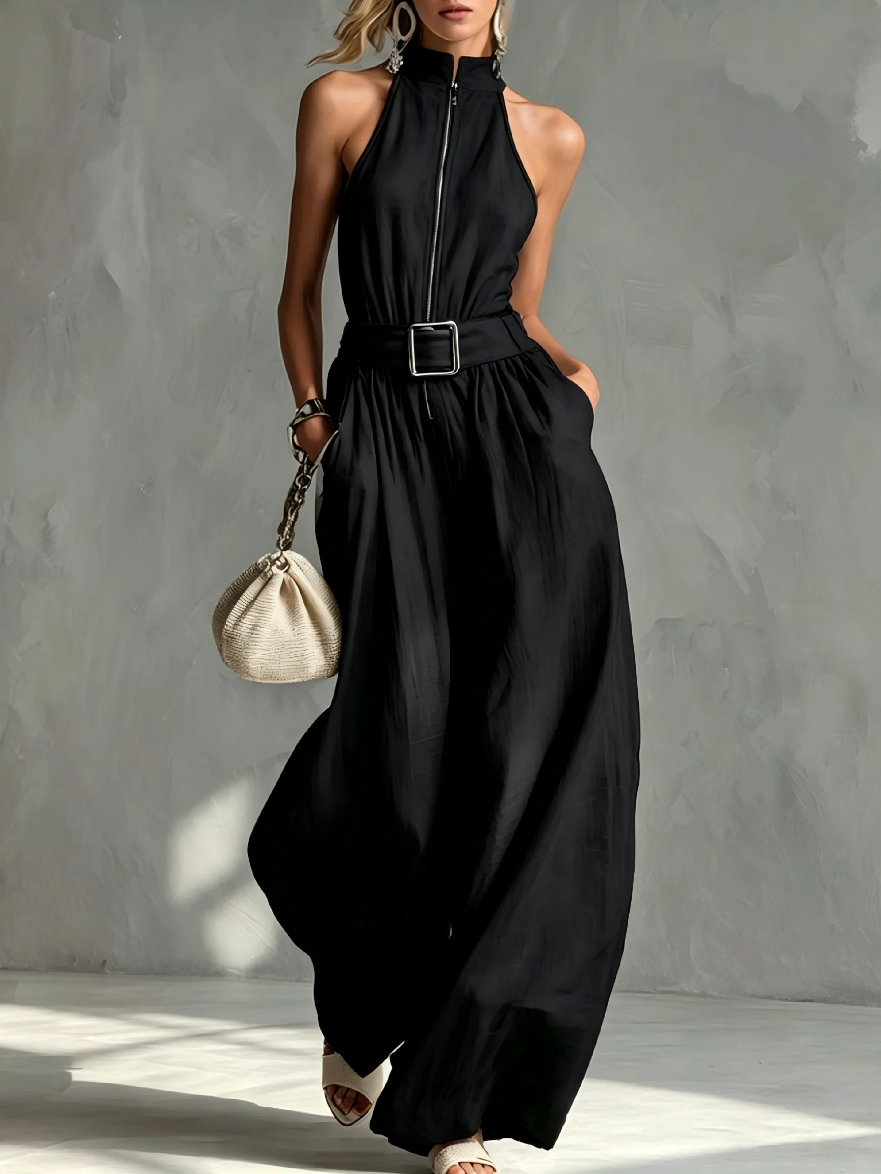 Damen Neckholder-Jumpsuit, ärmellos, mit Frontreißverschluss, quadratischer Schnalle am Gürtel, weitem Bein, langen Hosen, elegant, lässig, schwarzer Overall mit Taschen – Detail 2