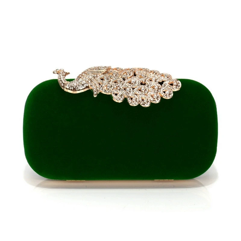 Emerald Velvet Handbags for Woman Elegant 50s Ladies Wedding Party Handbags Vintage Clutch with Peacock Crystal Red Purses