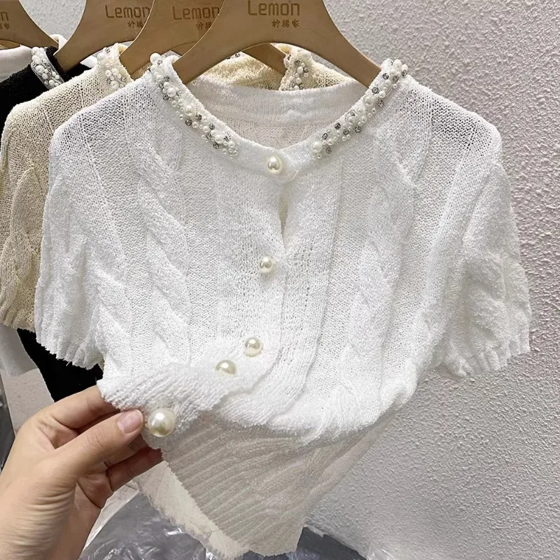 

Summer 2024 White Thin Ice Silk Knitted Top Cardigan Women's High Quality Beaded Elastic Slim-Fit Elegant Short Twist T-Shirt