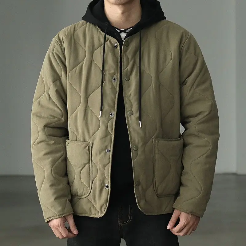 American Retro Workwear Cotton Jacket Men's Winter No Collar Outerwear Layering Large Pocket Buttoned Coat Youth Trendy Style