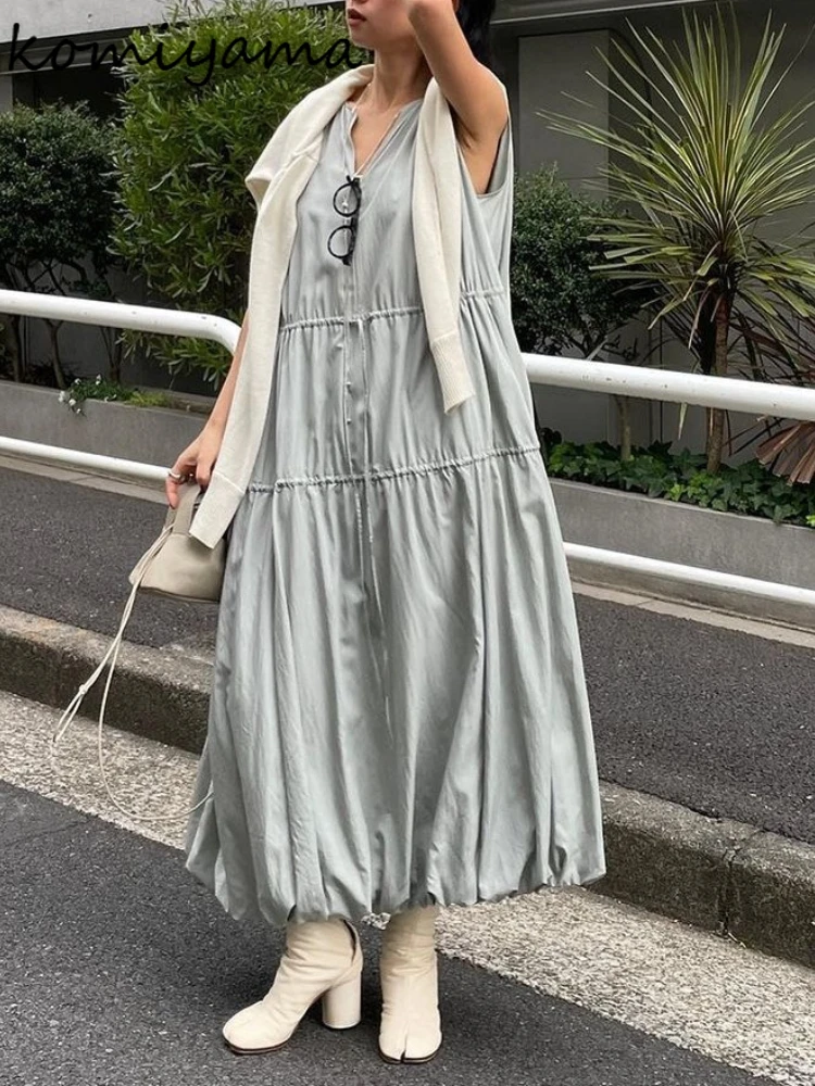 2025 Spring Summer Drawstring Dress V-neck Sleeveless Dresses Women High Waist Vestidos Mujer Loose Vestido Japanese Ropa