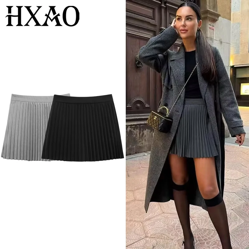 HXAO Mini Pleated Culottes Women's Skirt Summer 2025 Elegant Black Grey Skirts Wrap High Waist Skirt Pants Korean Style Culottes
