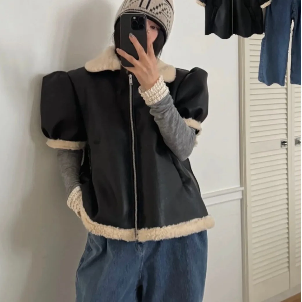 معطف نسائي أنيق بتصميم عتيق من الفرو الصناعي من Jaet مع ياقة مقلوبة من الجلد والفرو ملابس خارجية