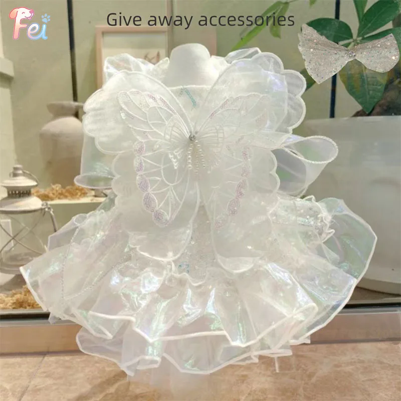 

High-End Luxury Handmade Fairy Pet Dog Clothes Blue White Party Princess Dress with Wing for Small to Medium Dogs Puppy Clothing