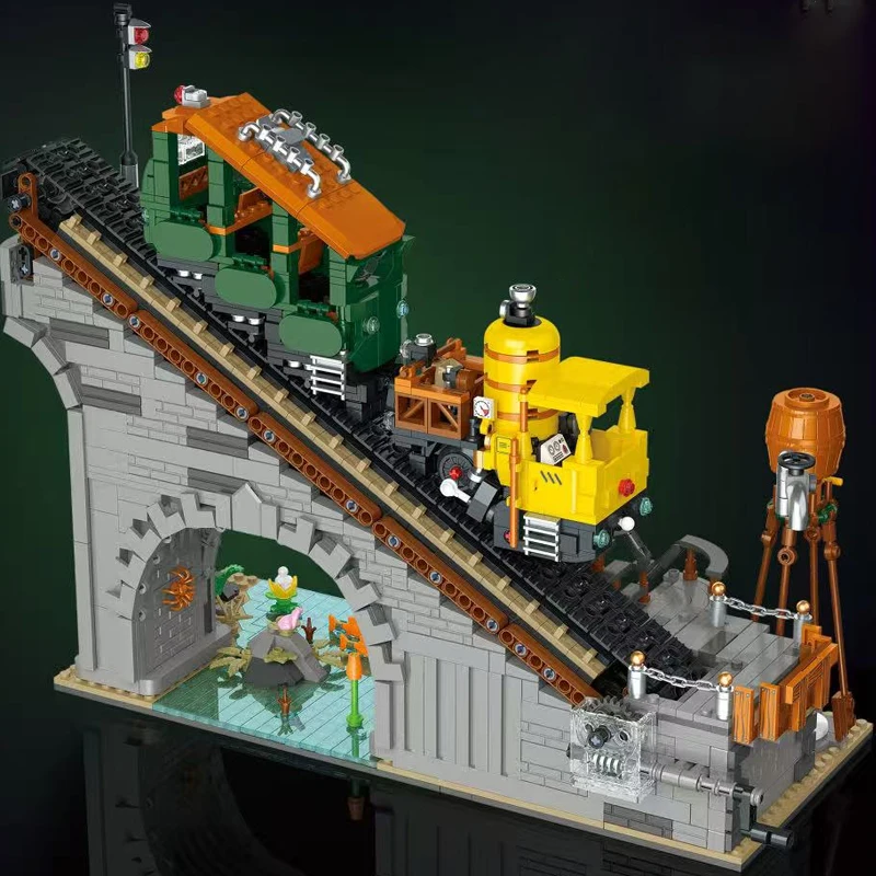 1987PCS Rack-and-pinion Railway House Buildings Sets, City Architecture Modular Buildings Blocks Model Kit, Gift for Adults Kids