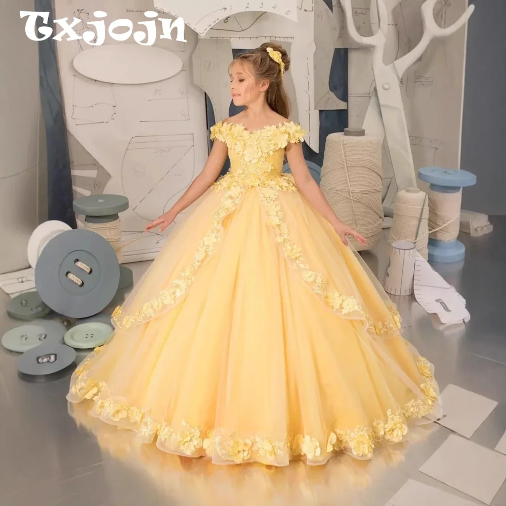 Girls Exquisite Lace 3D Floral Dresses For Dancing Performance Elegant Off Shoulder Kids Princess Gown Wedding Guest Clothes