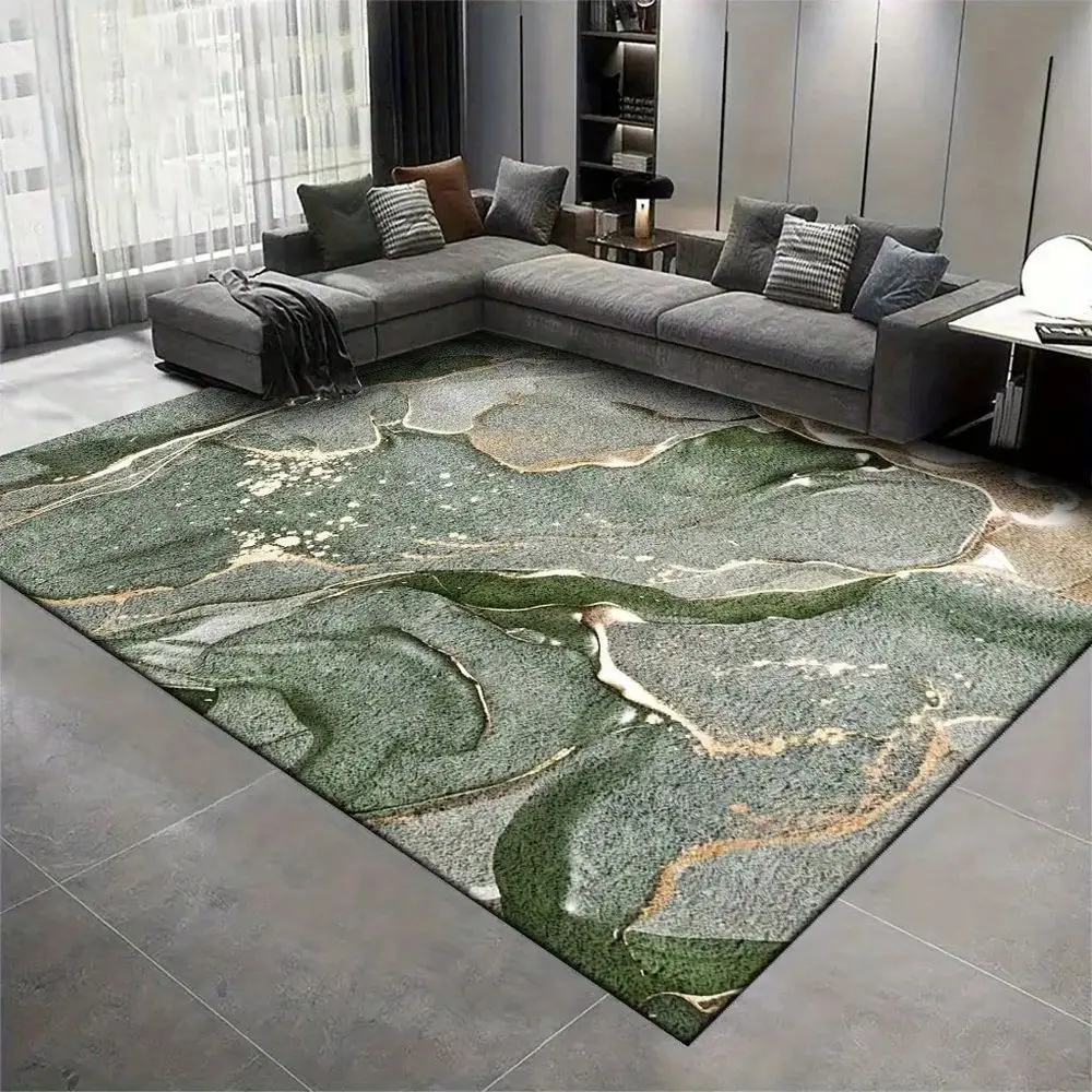 

Ковер 850 г/м², мягкий, утолщенный, в стиле легкой роскоши, с плавным текстурным узором, серо-зеленый с золотистыми вкраплениями, машинной вязки.