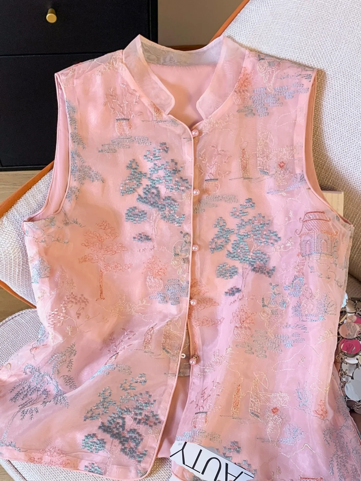 

Новый китайский розовый жилет с вышивкой, женский летний элитный винтажный жилет с воротником-стойкой Ogeea, топ для поездок на работу