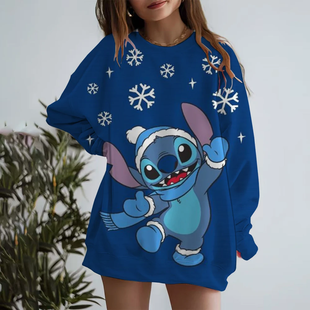 Christmas Disney Stitch Hoodie Long Sleeve Round Neck T-shirt Autumn/Winter Basic Hoodie Women's Knitted Checkered Sleeve Sports