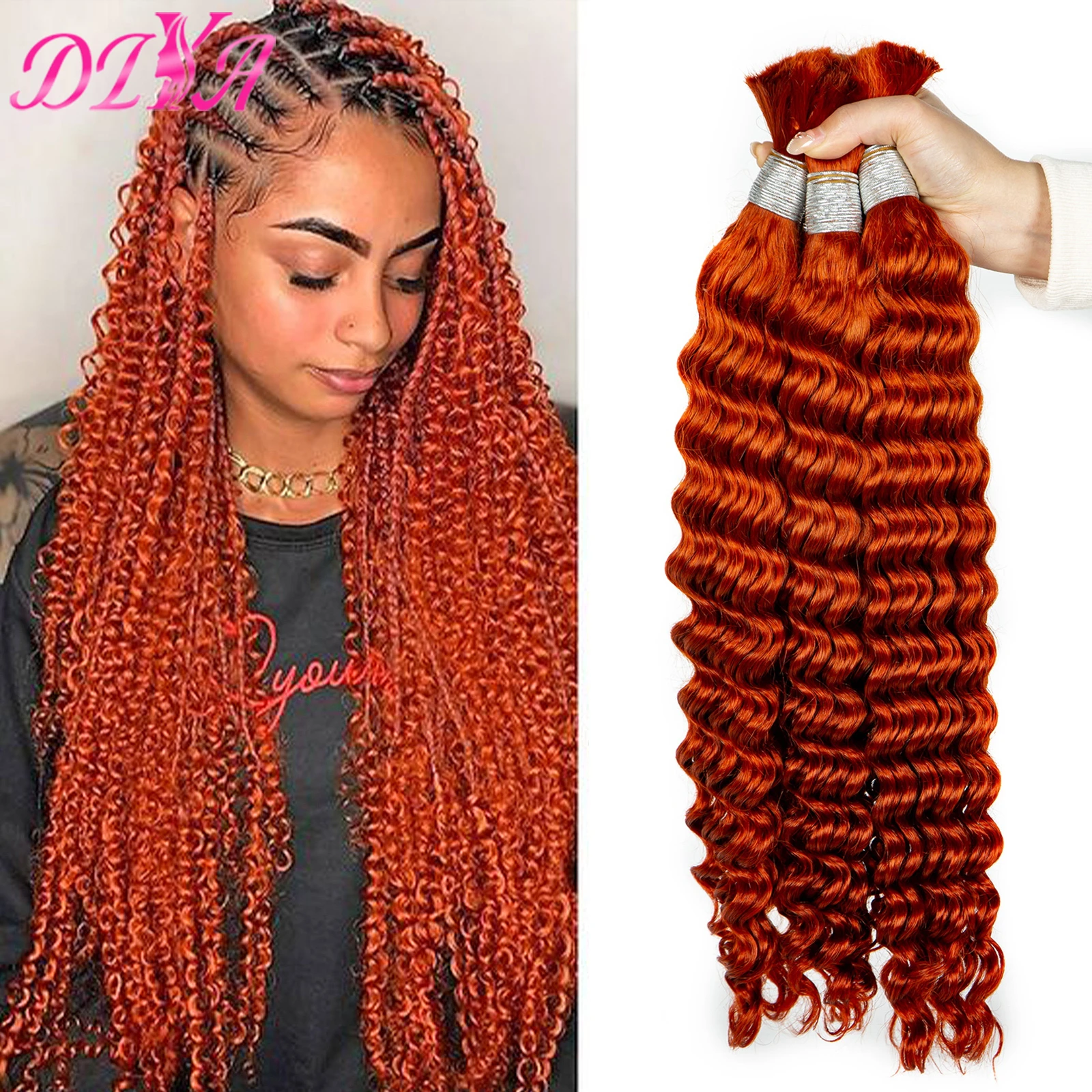 Human Hair Bulk for Boho Braiding 20 28 Inches Ginger Orange Deep Wave Virgin Hair Extension Braids No weft Hair Bulk Extensions