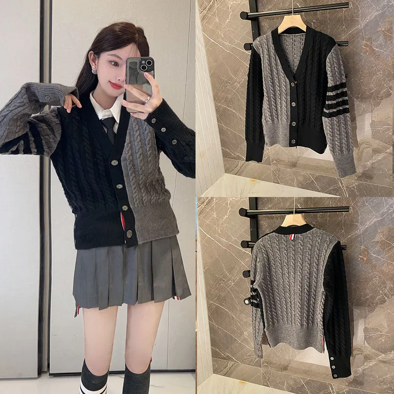 

Wool Knitted Fashion Striped Sweater Simple Casual British Style V-neck Cardigan Jacket Single Breasted Elegant Women's Sweaters