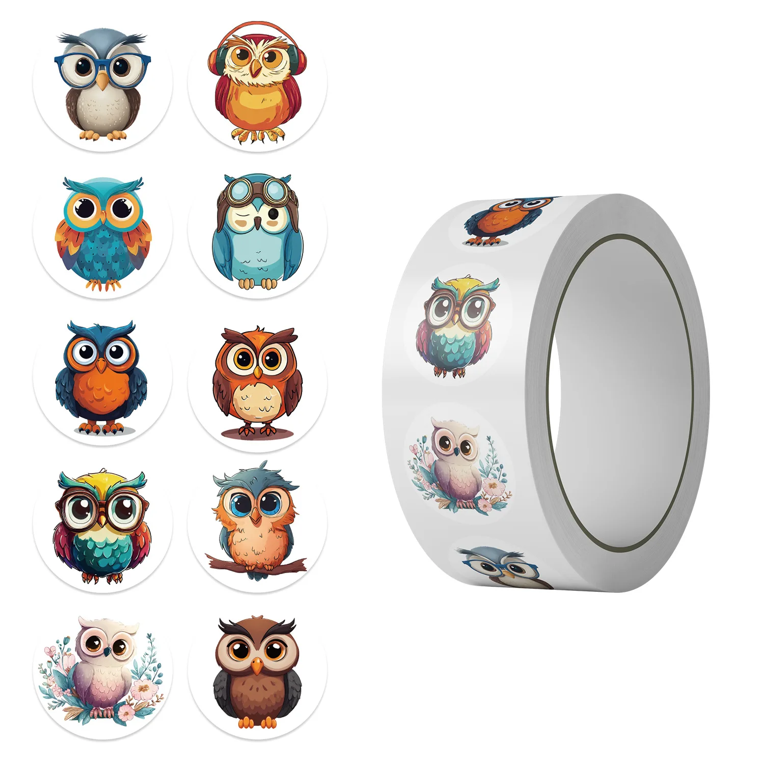 500Pcs/Roll Cute Owl Stickers Set - 10 Designs Cartoon Funny Bird Decals for Kids Scrapbooking Diary Planner Reward Prizes Gifts