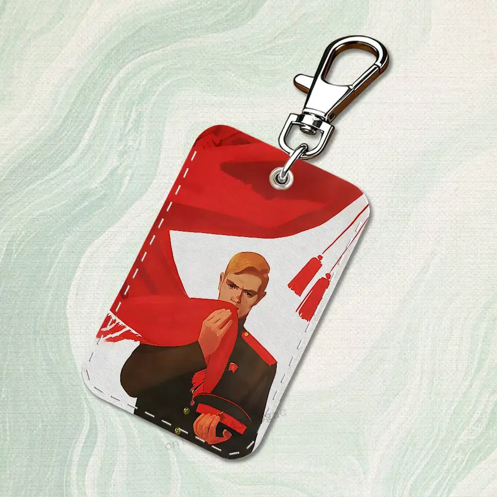 Banner Russian USSR Custom Access Card Case Leather Card Holder Keychain Key Ring Transportation Card Case Gifts