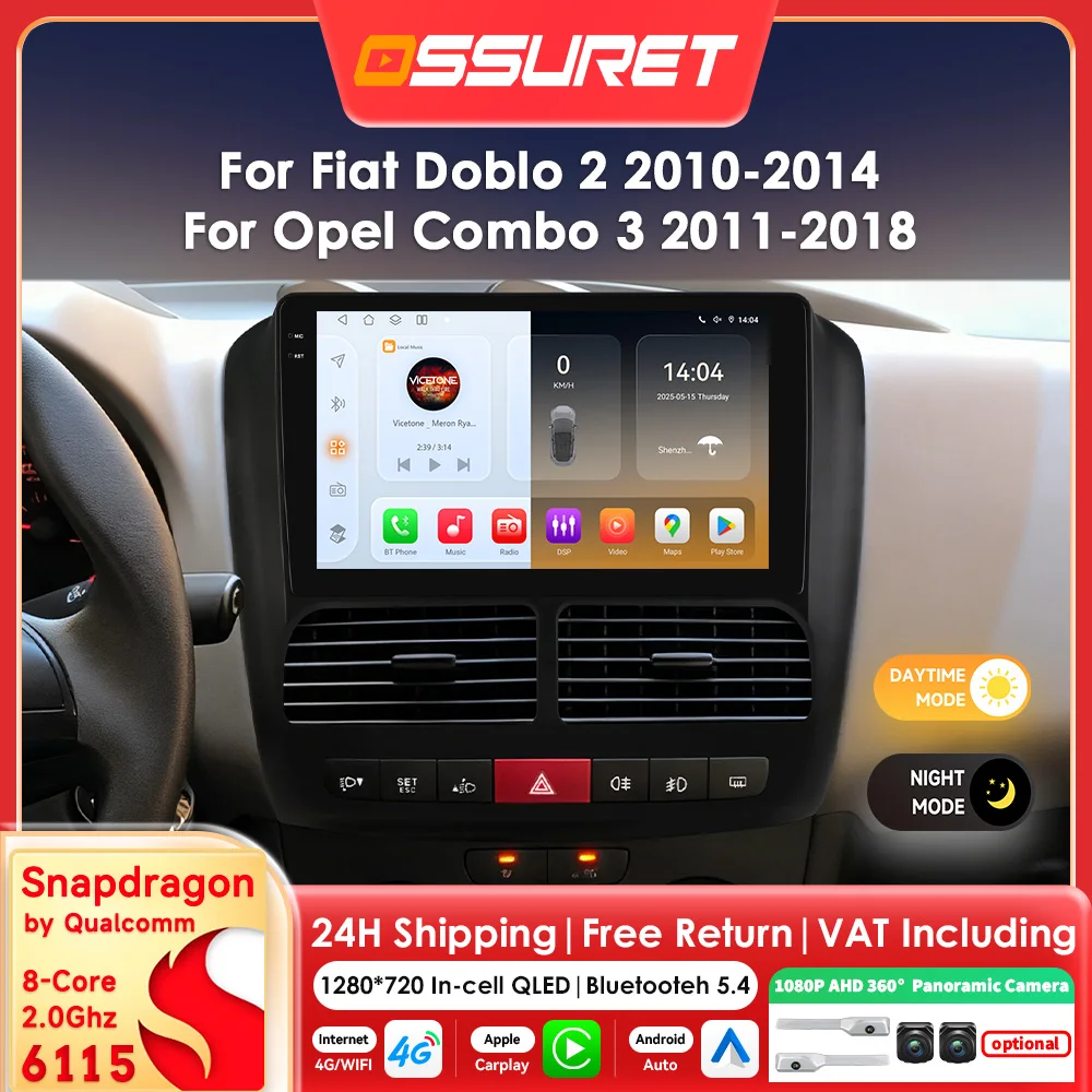 9-Zoll-2DIN-Android-Auto-Autoradio für Fiat Doblo 2 2010 - 2014 Opel Combo 3 2011 - 2018 Carplay 6115 8CORE Autoradio GPS DSP RDS SWC 4G Wifi intelligente Systeme