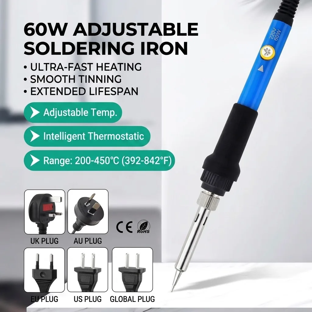 60W Adjustable Temp Soldering Iron Kit, 936 Copper Tips & Stand, 110V/220V Welding Tool Repair DIY, Universal Multi Country Plug