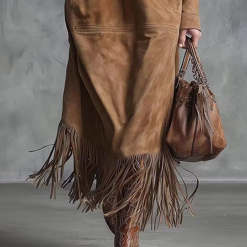 Western Retro Solid Suede Tassel Long Dresses Women Autumn Long Sleeve Zipper Loose Stright Dress Elegant Streetwear Dress