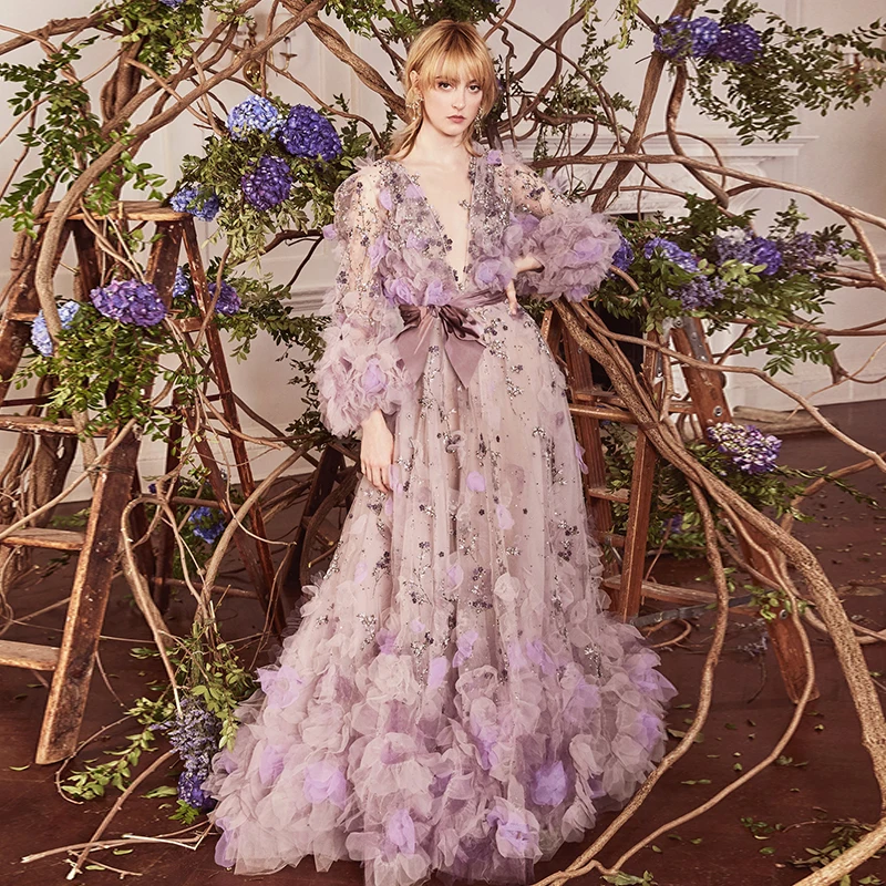 

Marchesa Purple V Neck Floers A-line Sexy فساتين السهرة vestidos de fiesta فساتين سهره evening dresses