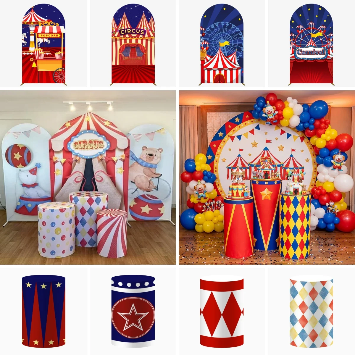 Circus Carnival Arch Backdrop Cover Red Tent Monkey Lion Show Baby Shower Kid Birthday Party Decor Elastic Cylinder Stand Covers