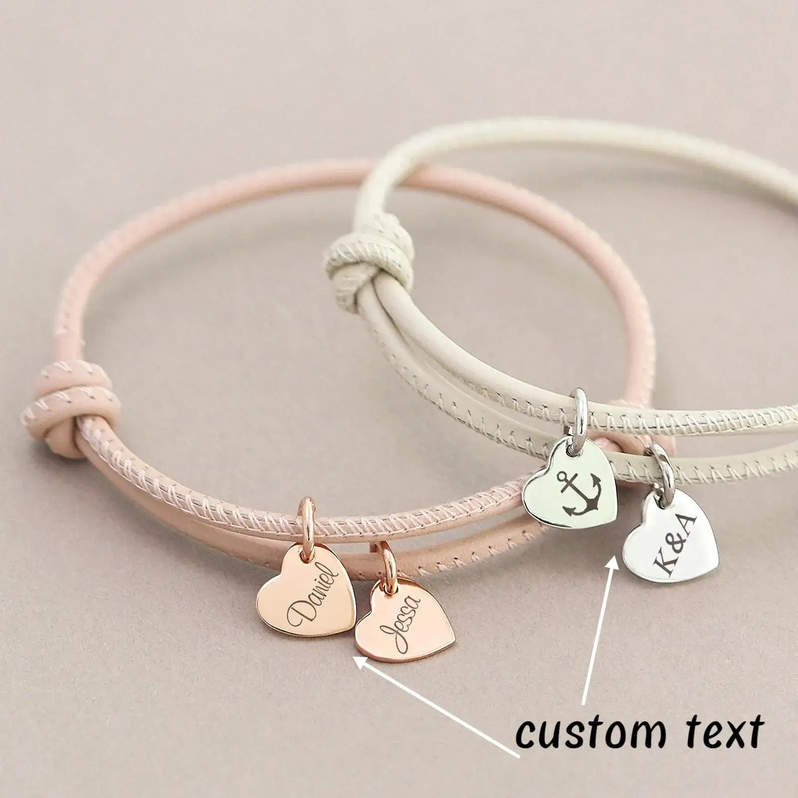 DOREMI Custom Name Leather Bracelet Stainless Steel Heart Charm Engraved Adjustable Women Bracelet Valentine\'s Day Jewelry Gift