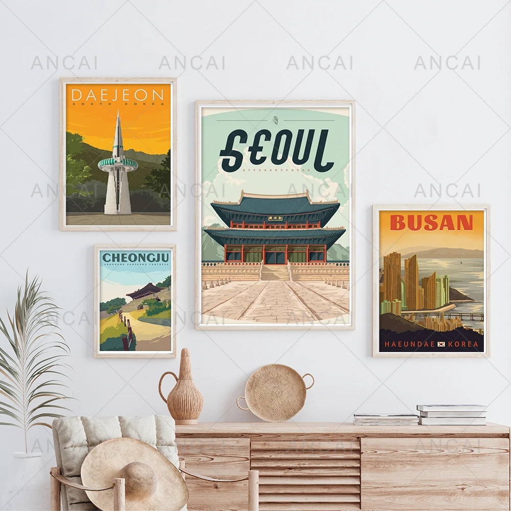 Póster artístico de paisaje retro vintage de Corea del Sur, Jeju, Daegu, Cheongju, pintura en lienzo, imágenes de pared, impresión, decoración del hogar, regalos