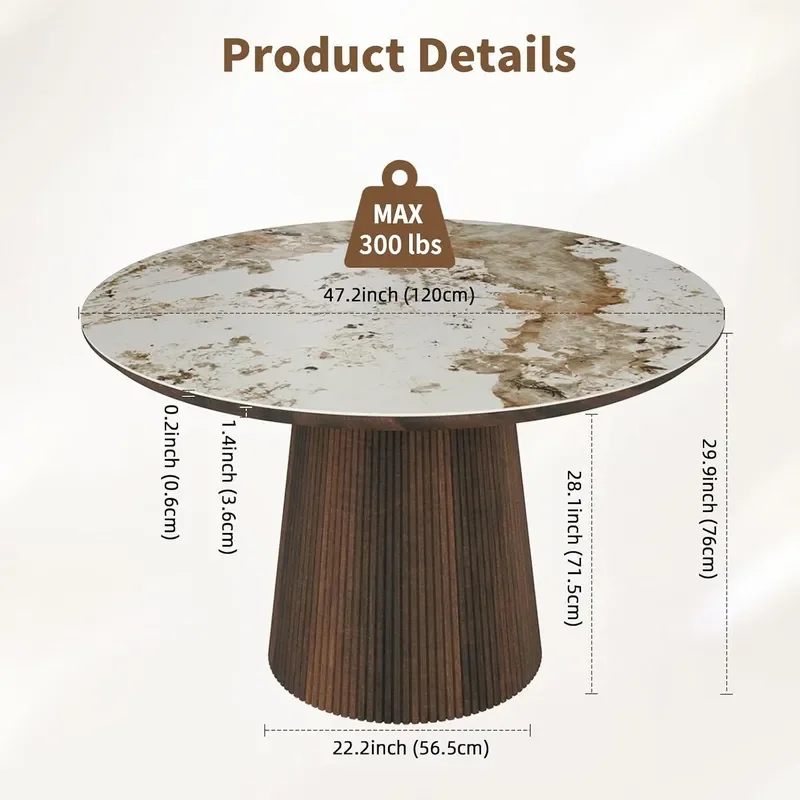 47 Round Dining Table for 4 Glossy Sintered Stone Dining Tabletop with Classic Walnut Strip Base Modern Marble Pattern Circle