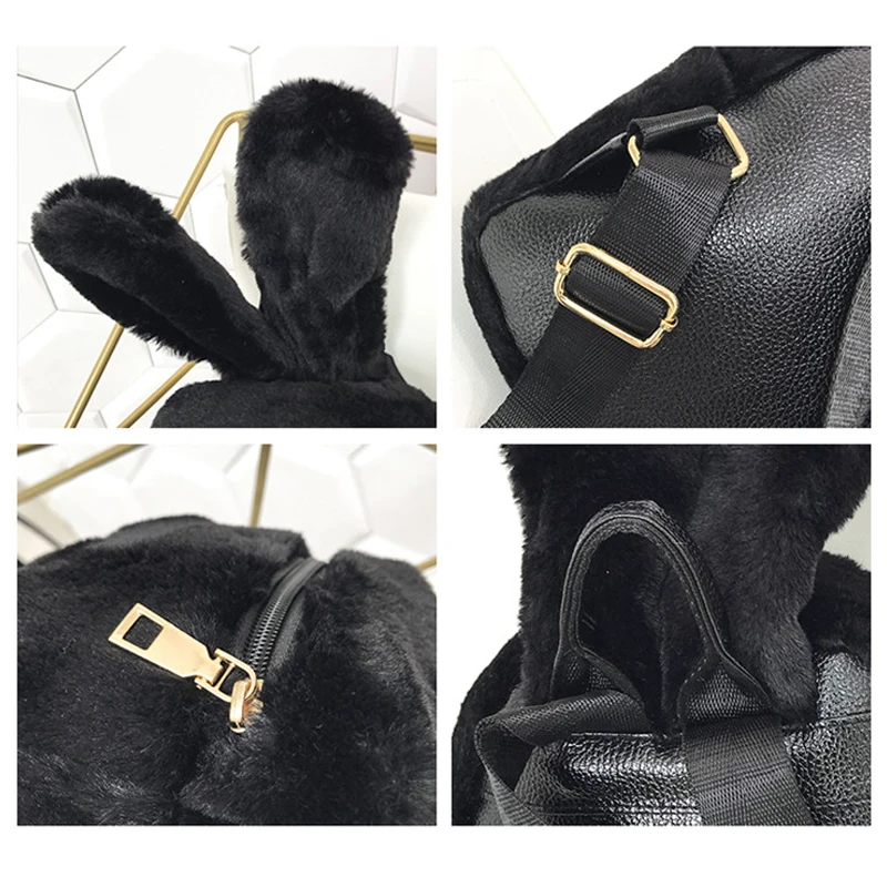 Mini mochila de felpa con Orejas de conejo para mujer, bolso esponjoso liso de piel sintética, mochilas peludas Kawaii para chicas adolescentes,