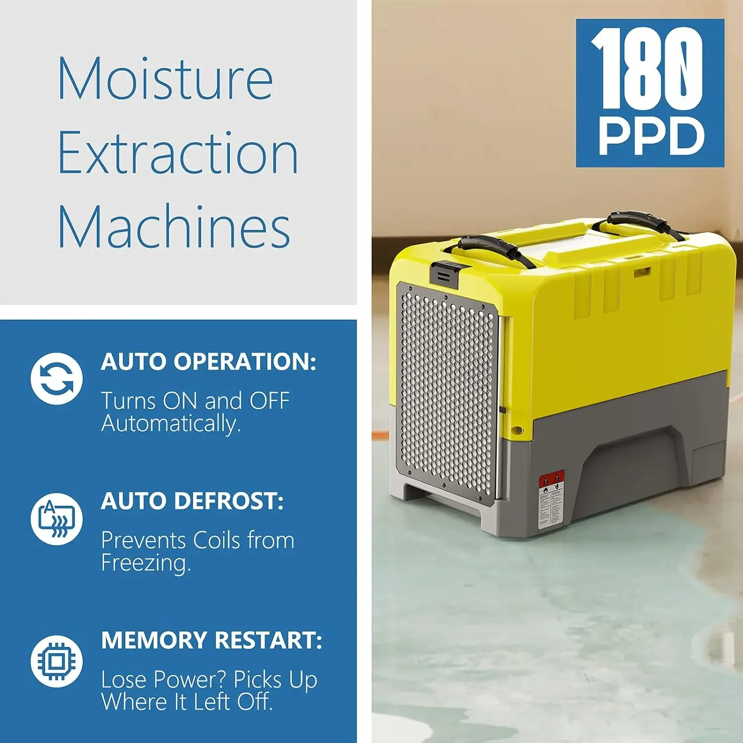 180 PPD Commercial Dehumidifier with Pump Drain Hose for Basement Warehouse & Job Sites, Large Capacity Crawl Space