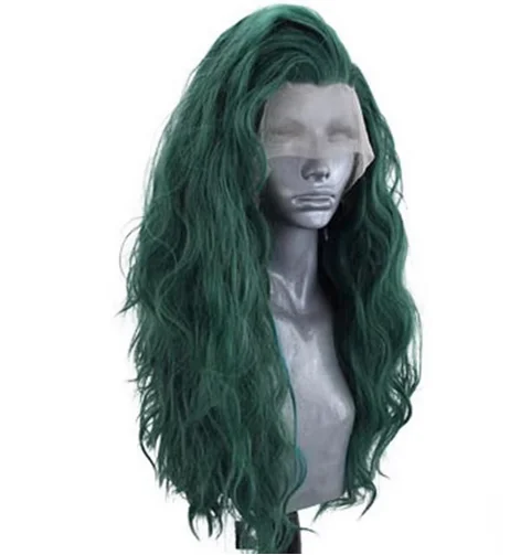 Natural Wave Synthetic Lace Wigs Dark Green Long Wavy Wigs for Women Heat Resistant Fiber Natural Hairline Cosplay Wig