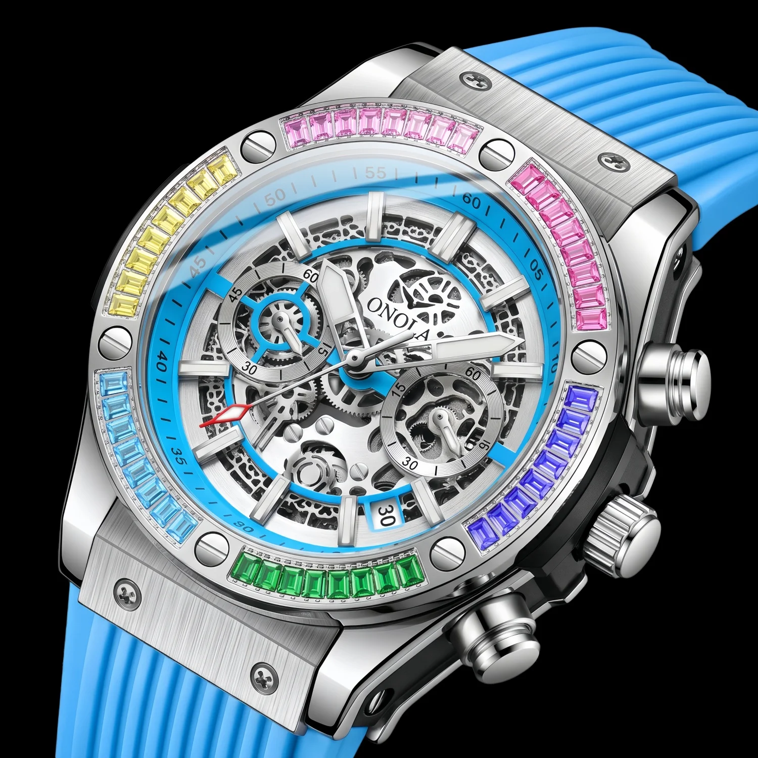 ONOLA Men's Watch Round Case Vertical Groove Silicone Strap Rainbow Rectangular Rhinestone Inlaid Appearance, Gift for Him