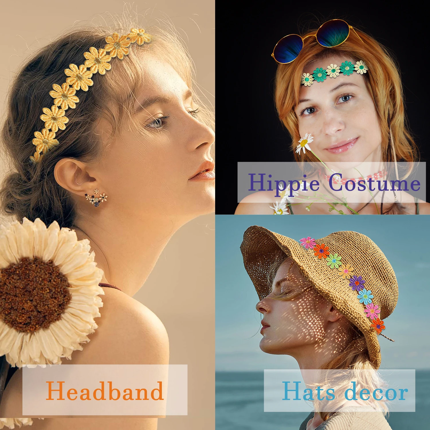 Bohemian Floral Headpiece para a Primavera Turismo, Margarida Flor Headband, Girassol Hippies Coroa, Coroa De Cabelo, Festa De Festivais De Casamento