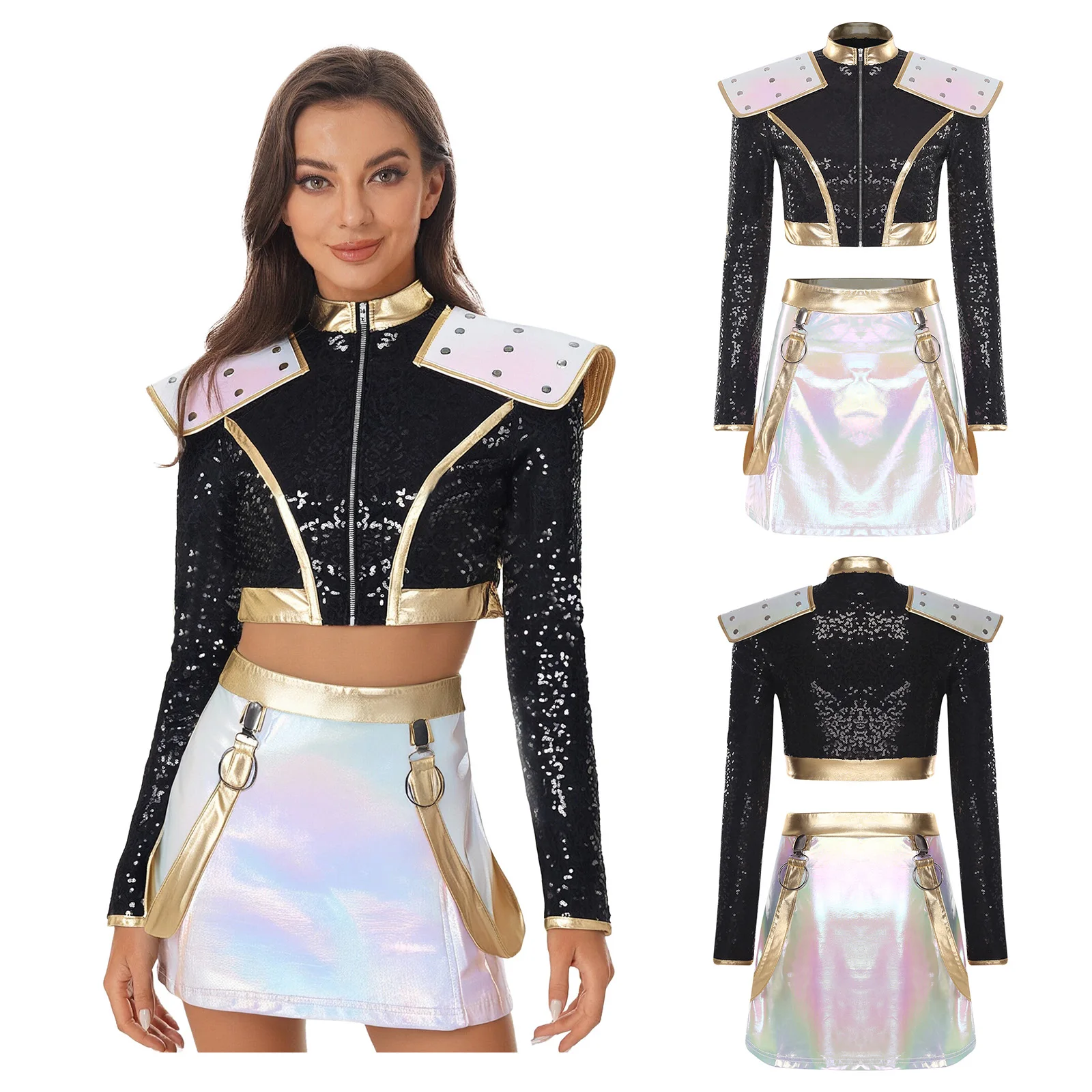 

Womens Demon KPop Halloween Costumes Hunter Cosplay Outfit Rivet Sequined Crop Jacket Top Metallic Shiny Mini Skirt Clubwear