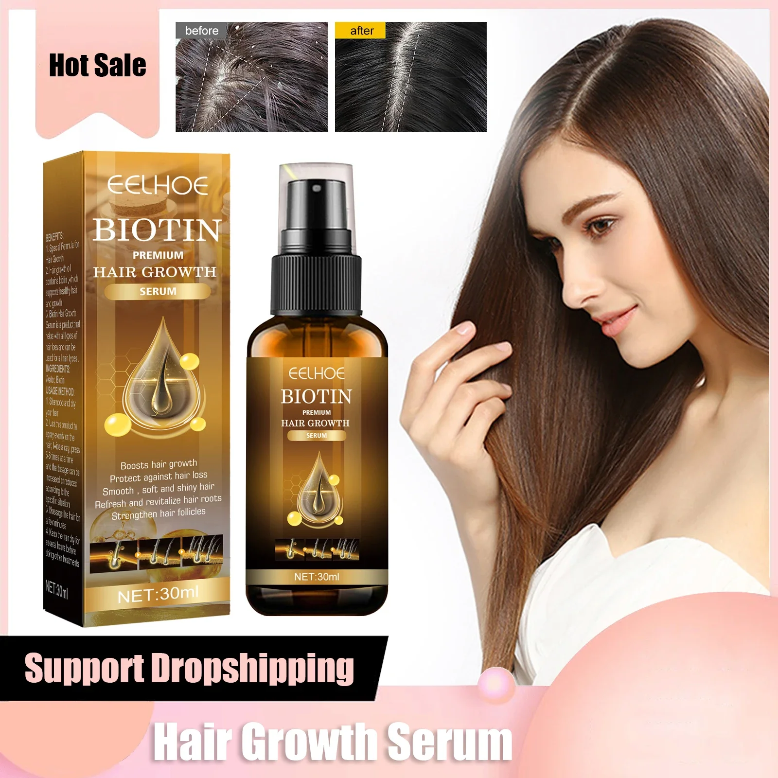 

Biotin Hair Growth Spray Anti Dandruff Itching Dry Frizzy Nourish Scalp Damaged Repair Serum Hair Essential Oils