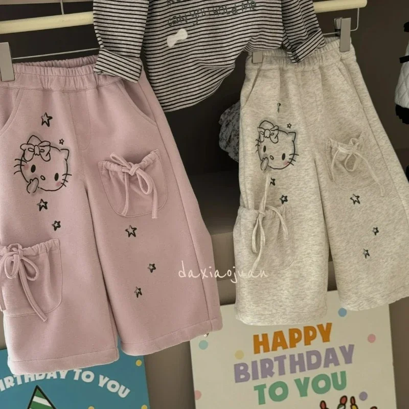 

Kids Fall Clothes Baby Girls Pants Cute Cartoon Hello Kitty Pockets Wide Leg Pants Toddler Kawaii Pink Casual T-shirt Sweatpants