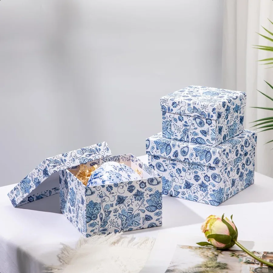 Square Gift Boxes with Lids 4PCS Blue Flower Print Gift Box for Presents Nesting Assorted Sizes Present Boxes for Christmas Bir